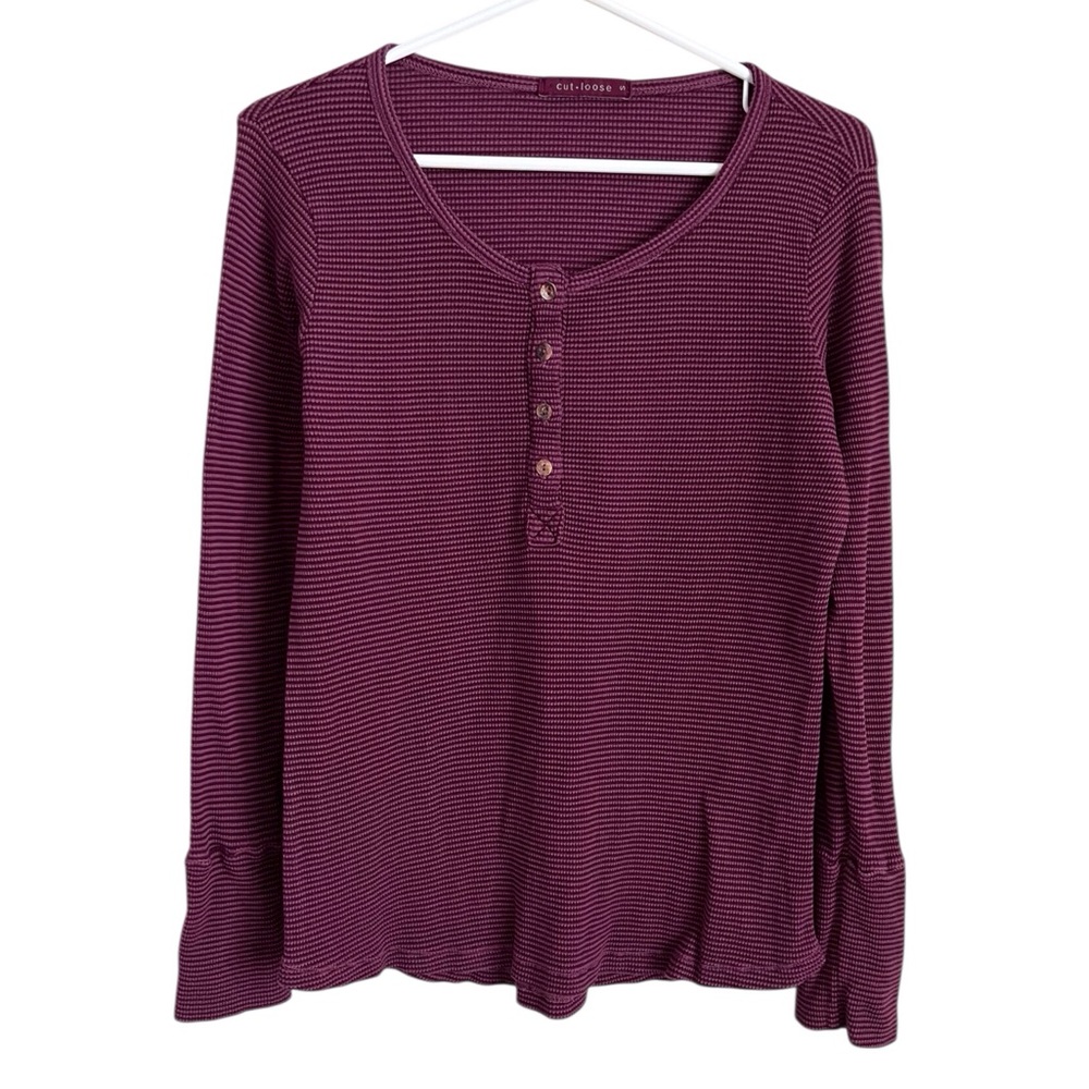 Cut Loose Burgundy Waffleknit Henley Long Sleeve Shirt Basic Cotton Tencel Small